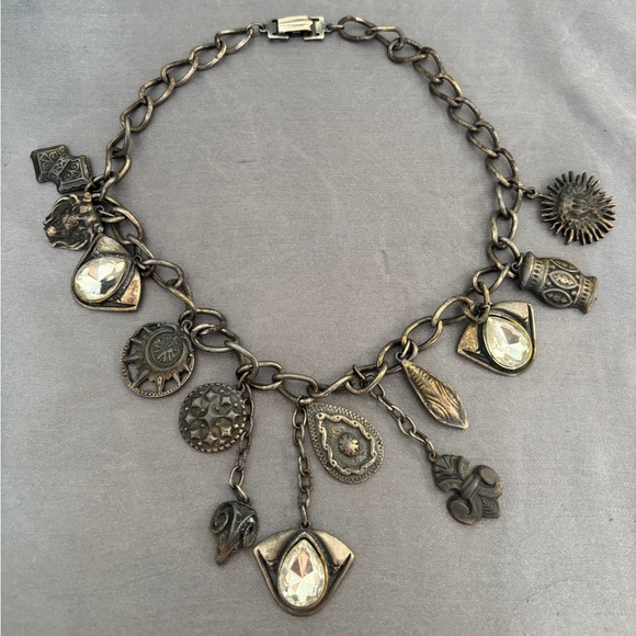 Rare Vintage Silvertone Celestial Boho Goth Charm Necklace Chocker 17” Chunky